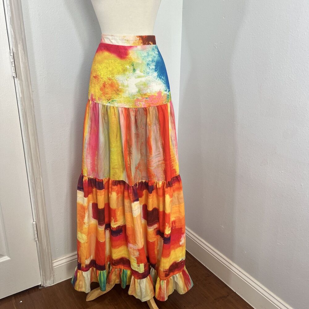 Lillys Closet Maxi Skirt Womens 1XL Multicolor Abstract Tiered 90s Y2K